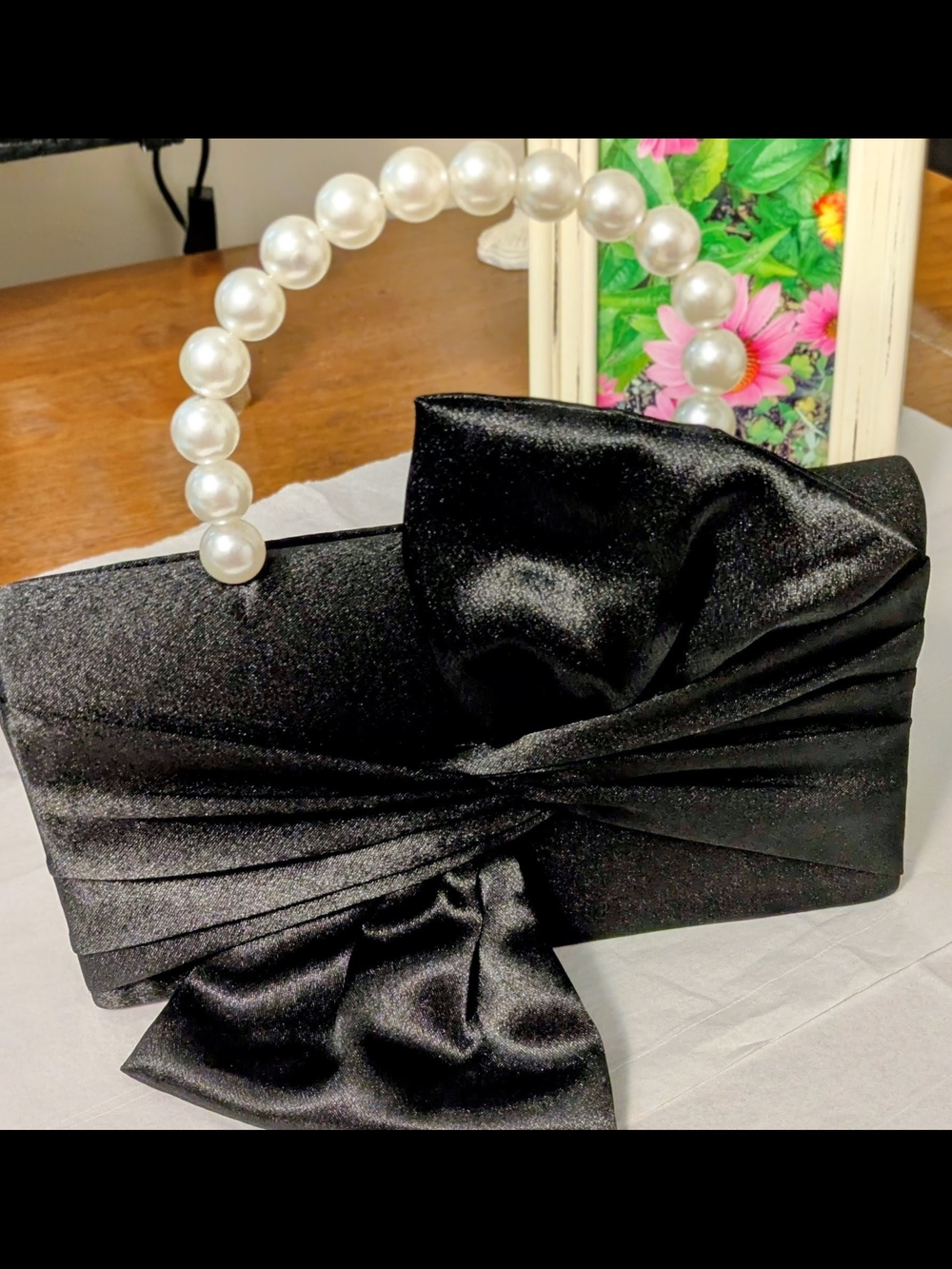 Elegant Black Satin Clutch with Pearl Handle with Silver Chain - Picture 2 of 8